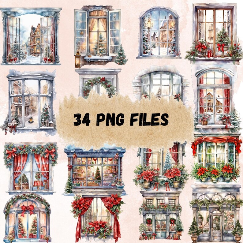Window Prinatables Watercolor Christmas Window Clipart, Cozy Christmas Window Clipart ...