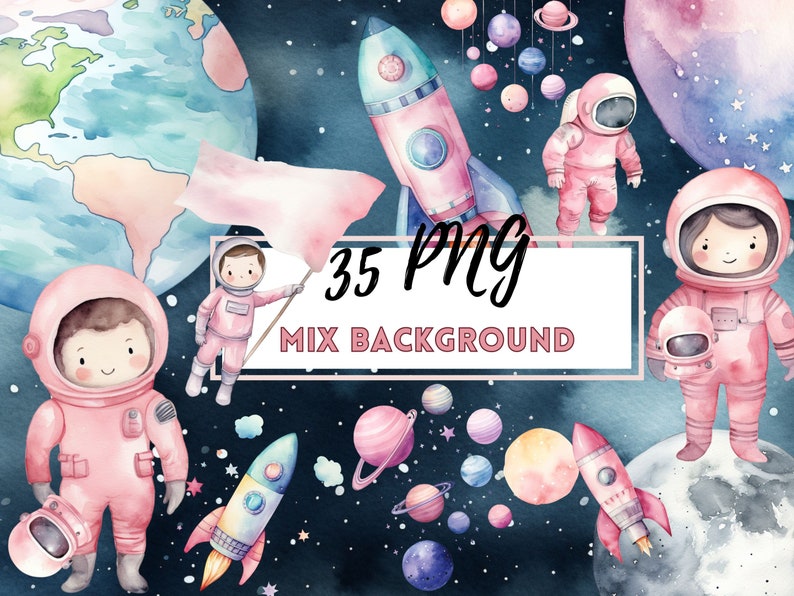 May include: A set of 35 watercolor illustrations featuring astronauts, planets, stars, and rockets. The illustrations are in a pink, blue, and white color scheme and are perfect for creating space-themed crafts, cards, or invitations.