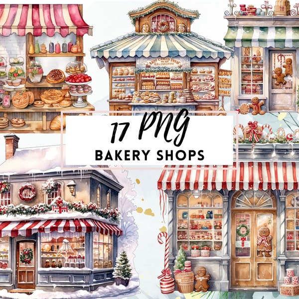 Christmas Bakery Shop, Watercolor Bakery Clipart, Decorated Holiday Winter Storefront Shop, Baking Clipart, French Cafe DOWNLOAD, Bakery