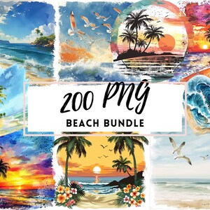 May include: A collage of watercolour paintings featuring beach scenes with palm trees, sunsets, and ocean waves. The text "200 PNG BEACH BUNDLE" is displayed in the centre of the image.