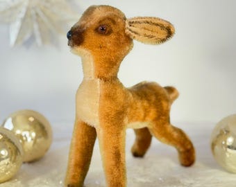 Rare soft toy mohair fawn, unmarked, Steiff circa 1950 with glass eyes, black button nose, not jointed