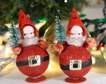 Set of Two Christmas Elf Ornament, Putz Brush Tree Chenille, Flocked Hat, Mica, Celluloid Painted Face 50s Japan