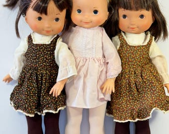 Fisher Price Knickerbocker Hollie Hobbie Friend Dolls Set Of Three, Large Wood Doll Box, Original Doll Cloths Play Toy Or Collectible