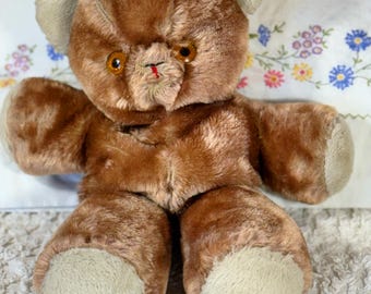 Antique Mohair Teddy Bear: Honey Brown, Hand-stitched Vintage Toy