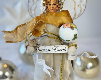 Mark Roberts Victoria Inspired Christmas Handmade Ornament,Stunning Peace on Earth Angel,Spun Cotton Die-Cut Angel, Vintage  Gold Trim