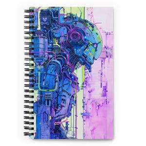 May include: A spiral bound notebook with a colorful illustration of a robot with blue, purple, and green details. The robot is standing in front of a pink and white background.