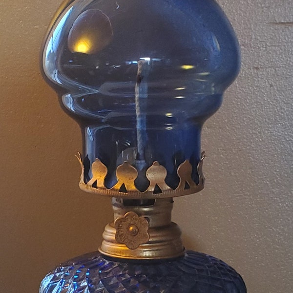 Rare Find! Vintage Blue Glass Oil/ Hurricane Lamp