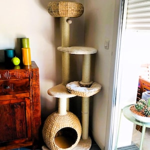 May include: A tall cat tree with a natural woven base, a beige platform, and a woven sphere with a hole. The cat tree has multiple levels and scratching posts.