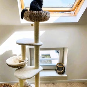 May include: A beige cat tree with a woven basket on top, a cat sitting in the basket, and a smaller woven basket on the bottom. The cat tree is in a room with a skylight and a window.