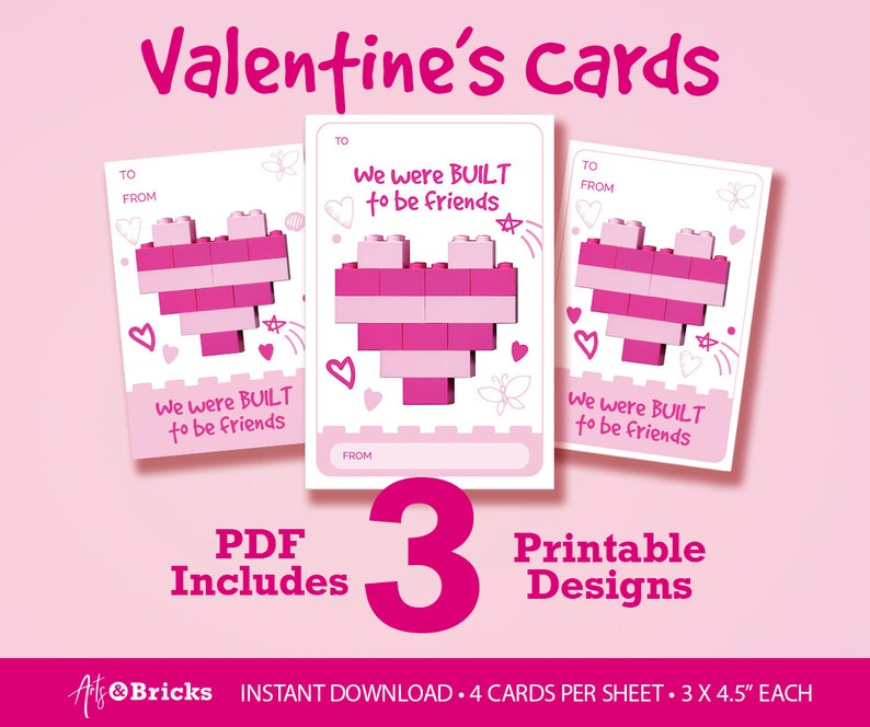 Pink Brick-Built Heart Valentine We were built to be friends Instant Download Kids Building Blocks Valentine's Day Card image 1
