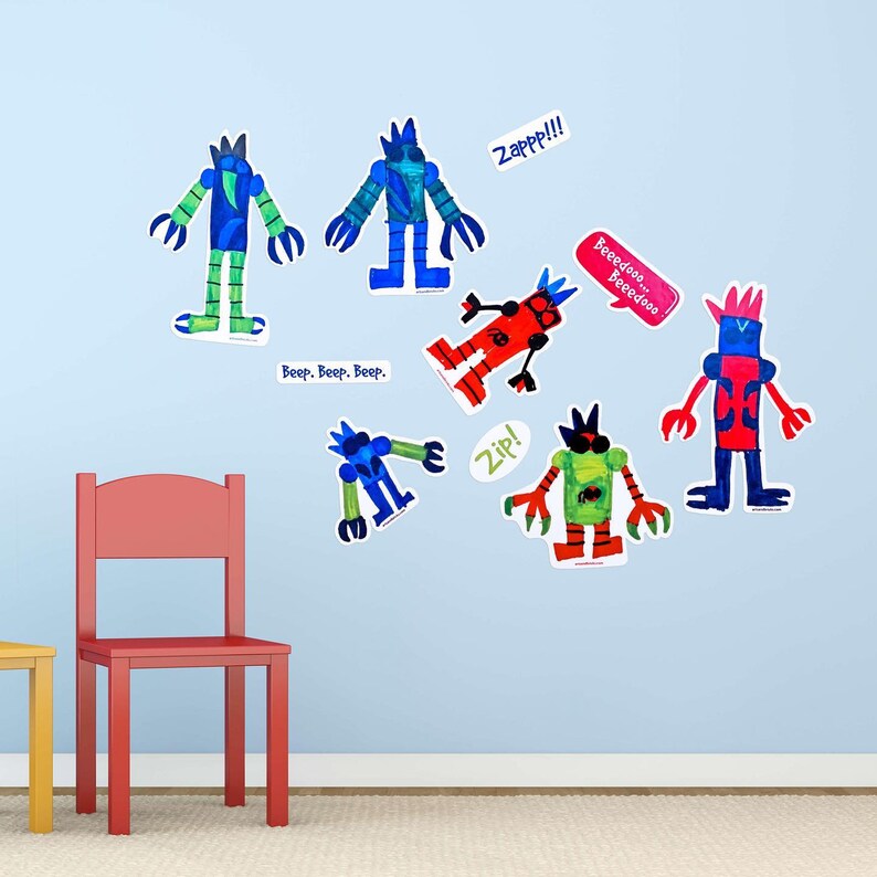 6 Kid Drawn Robot Wall Stickers, Colorful Decals, Kid Room Decor Repositionable Wall Decor image 6