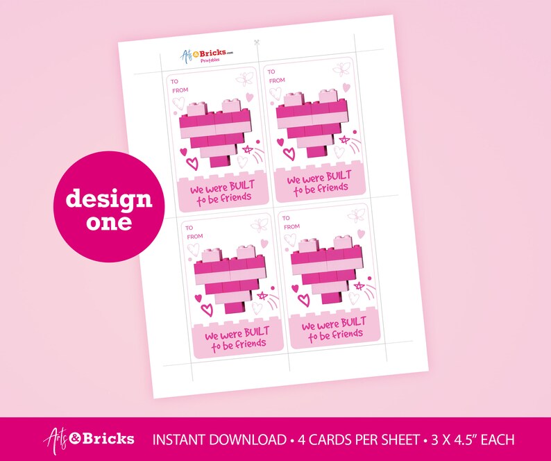 Pink Brick-Built Heart Valentine We were built to be friends Instant Download Kids Building Blocks Valentine's Day Card image 2