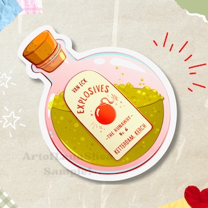 Peut inclure: Un autocollant représentant une bouteille de potion de dessin animé étiquetée "Explosives". La bouteille rose a un bouchon en liège et contient un liquide jaune-vert. L'étiquette comprend une bombe rouge et le texte "The Runaway - No. 6 Kettterdam. Kerch."