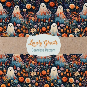 Digital Print for Halloween Ghost Seamless Printable for Halloween Decoration Ghost Embroidery Floral Pattern Seamless Faux Embroidery Ghost
