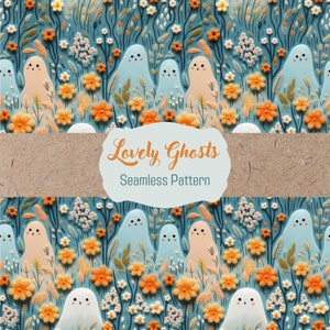 Digital Print for Halloween Ghost Seamless Printable Embroidery for Halloween Gift Print Cute Ghost Seamless Embroidery Trippy Ghost