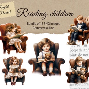 Vintage Clipart Reading Girl voor Junk Journal Clipartbundel Victoriaanse Kinderen voor Scrapbook Clipart voor Booklover Clip Art Aquarel Boy