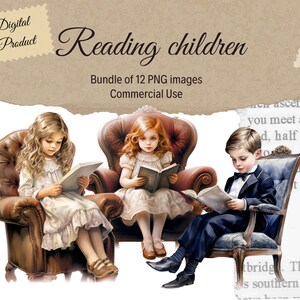 Clipart Vintage lezen meisje voor junk Journal clipart bundel Victoriaanse kinderen voor scrapbook clipart voor Booklover clip art aquarel jongen