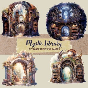 Mystical Library Clipart Bundle PNG Secret Library Antique Book Clipart reading room dragon clipart vintage watercolor retro Commercial Use