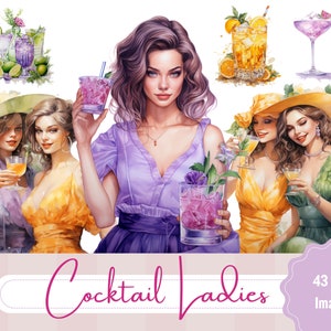 Paquete de imágenes prediseñadas de verano Cóctel Acuarela Clipart Lady Bundle para Junk Journal Clip Art Bebidas para Scrapbook Clipart Cocktail Party Girls