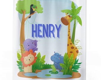 Personalized Zoo Animals Boy Shower Curtain and Matching Bath Mat, Boys Bathroom with Custom Name