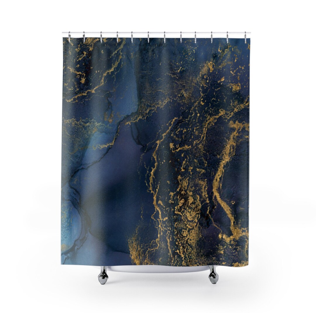 Navy Blue and Gold Marble Shower Curtain and Matching Bath Mat, Blue