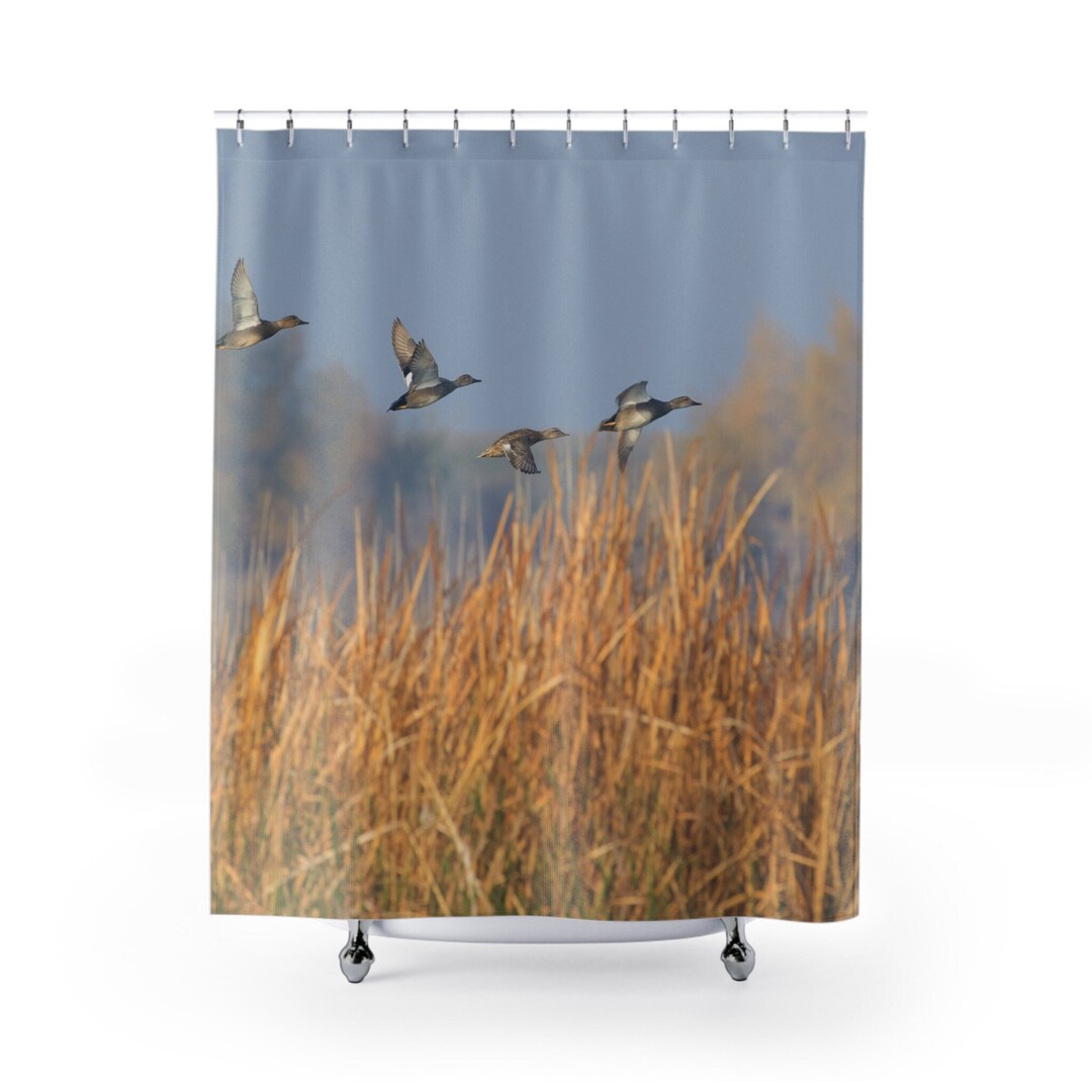 Mallard Ducks Flying Shower Curtain and Matching Bath Mat, Duck Hunting