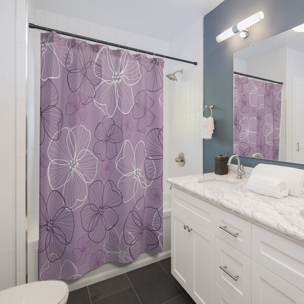 Purple Violet Lilac Floral Shower Curtain with Matching Bath Mat, Purple Bathroom, Purple Flowers