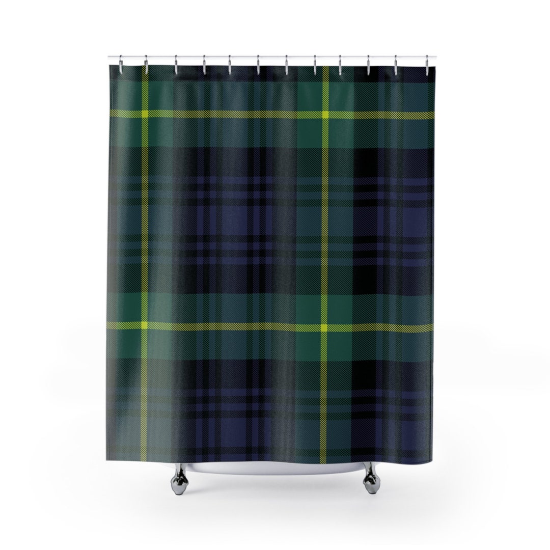 Navy Blue and Hunter Green Plaid Shower Curtain and Matching Bath Mat, Polo Colored Bathroom Set