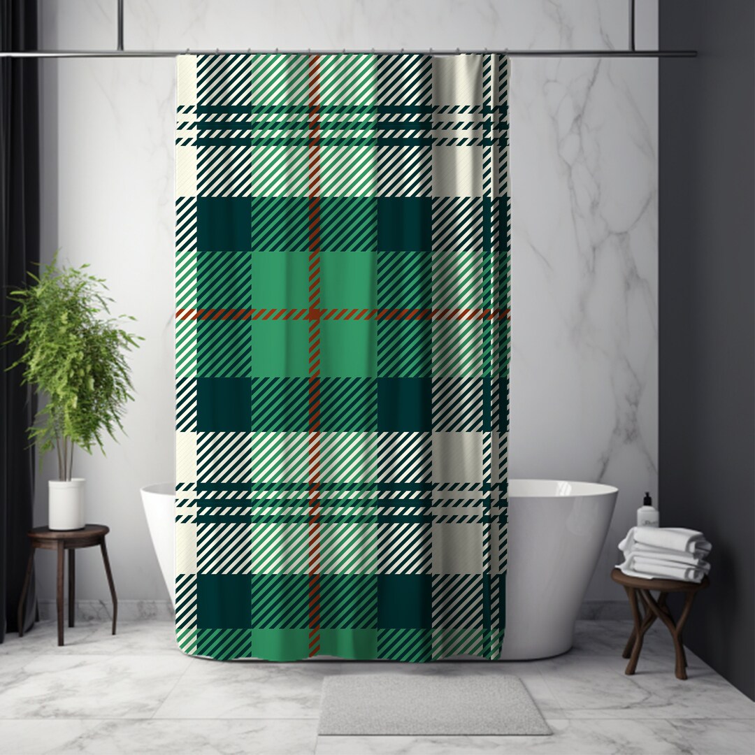 Green Navy Blue Plaid Shower Curtain and Matching Bath Mat Etsy