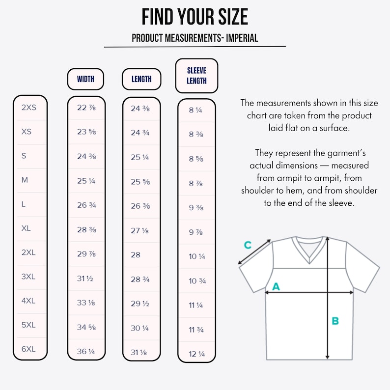 May include: A size chart titled FIND YOUR SIZE with columns for width, length, and sleeve length in inches. It includes a diagram of a V-neck t-shirt with labels A, B, and C, and text explaining that measurements are taken from the garment laid flat.