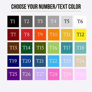 May include: A color chart with the text "CHOOSE YOUR NUMBER/TEXT COLOR" at the top. The chart displays 30 color options, each in a square with a corresponding number, such as T1, T2, T3, and so on, in various colors.