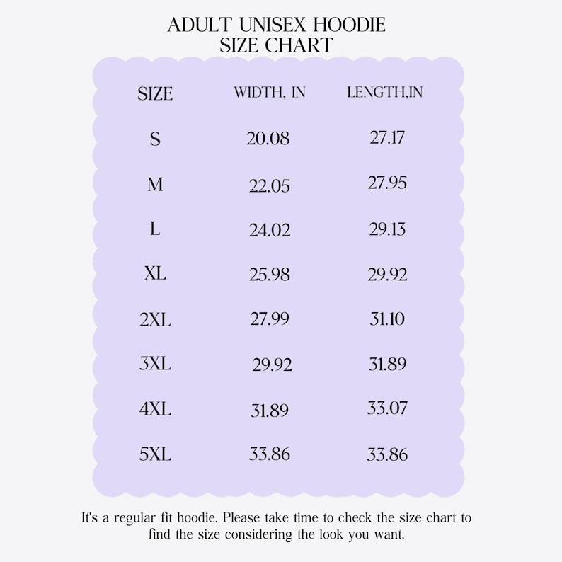 Pu&ograve; includere: Tabella delle taglie per una felpa con cappuccio unisex, che mostra le misure di larghezza e lunghezza in pollici per le taglie dalla S alla 5XL.