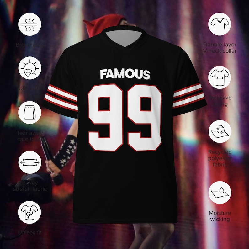 May include: Black jersey-style shirt with white "FAMOUS" text and the number "99" in white with red trim. Features a V-neck collar and red and white stripes on the sleeves. Made of recycled polyester fabric.