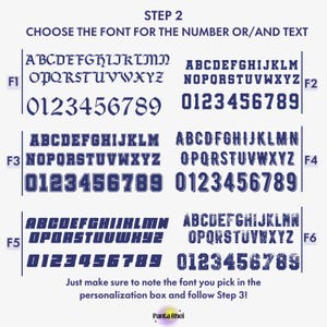 May include: A font selection chart labelled STEP 2 CHOOSE THE FONT FOR THE NUMBER OR/AND TEXT featuring six distinct dark blue typeface styles labelled F1 through F6, each displaying the full alphabet and numbers 0 through 9 for customisation.