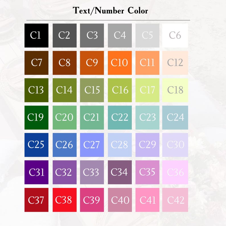 Pu&ograve; includere: Una cartella colori con 42 colori diversi etichettati con numeri da C1 a C42. I colori vanno dal nero al bianco, con sfumature di marrone, verde, blu, viola, rosso e rosa.