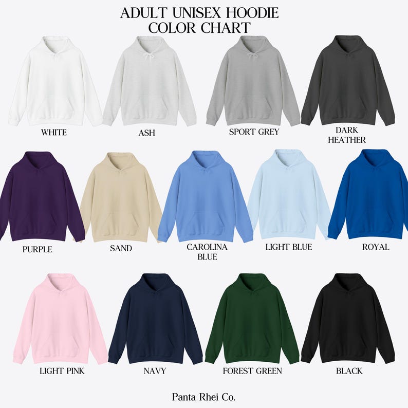 Pu&ograve; includere: Tabella colori che mostra 14 colori diversi di felpe con cappuccio unisex. I colori sono: bianco, cenere, grigio sportivo, grigio scuro melange, viola, sabbia, blu Carolina, blu chiaro, blu reale, rosa chiaro, blu navy, verde bosco e nero.