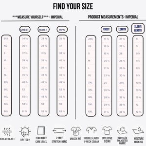 May include: A size chart with measurements in inches for chest, waist, hips, length, and sleeve length. The chart includes sizes from 2XS to 6XL. Features include breathable, UPF 50+, tear away care label, 2-way stretch fabric, unisex fit, double-layer V-neck collar, inclusive sizing, recycled polyester fabric, and moisture wicking.