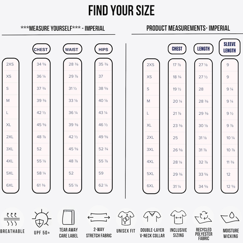 May include: A size chart with measurements in inches for chest, waist, hips, length, and sleeve length. The chart includes sizes from 2XS to 6XL. Features include breathable, UPF 50+, tear away care label, 2-way stretch fabric, unisex fit, double-layer V-neck collar, inclusive sizing, recycled polyester fabric, and moisture wicking.