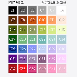 Puede incluir: Una carta de colores con 42 opciones de color de camiseta, etiquetadas C1 a C42. La carta est&aacute; organizada en una cuadr&iacute;cula, con cada color mostrado en un peque&ntilde;o cuadrado. El texto "PANTA RHEI CO." y "ELIGE EL COLOR DE TU CAMISETA" est&aacute;n en la parte superior.