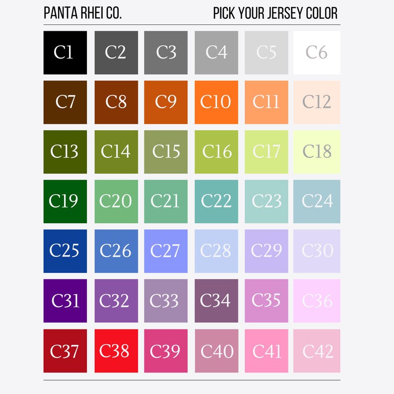 Puede incluir: Una carta de colores con 42 opciones de color de camiseta, etiquetadas C1 a C42. La carta est&aacute; organizada en una cuadr&iacute;cula, con cada color mostrado en un peque&ntilde;o cuadrado. El texto "PANTA RHEI CO." y "ELIGE EL COLOR DE TU CAMISETA" est&aacute;n en la parte superior.