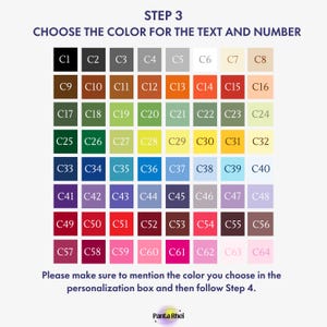May include: A colour chart featuring sixty-four numbered squares labelled C1 through C64, displaying a wide spectrum of hues. The text reads: STEP 3 CHOOSE THE COLOUR FOR THE TEXT AND NUMBER. Please make sure to mention the colour you choose in the personalisation box and then follow Step 4. Panta Rhei.