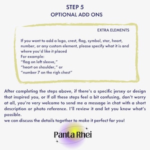 May include: An informational graphic titled STEP 5 OPTIONAL ADD ONS. It lists instructions for adding custom elements like logos, crests, flags, symbols, stars, hearts, or numbers to a jersey. It includes contact instructions and the brand name Panta Rhei.