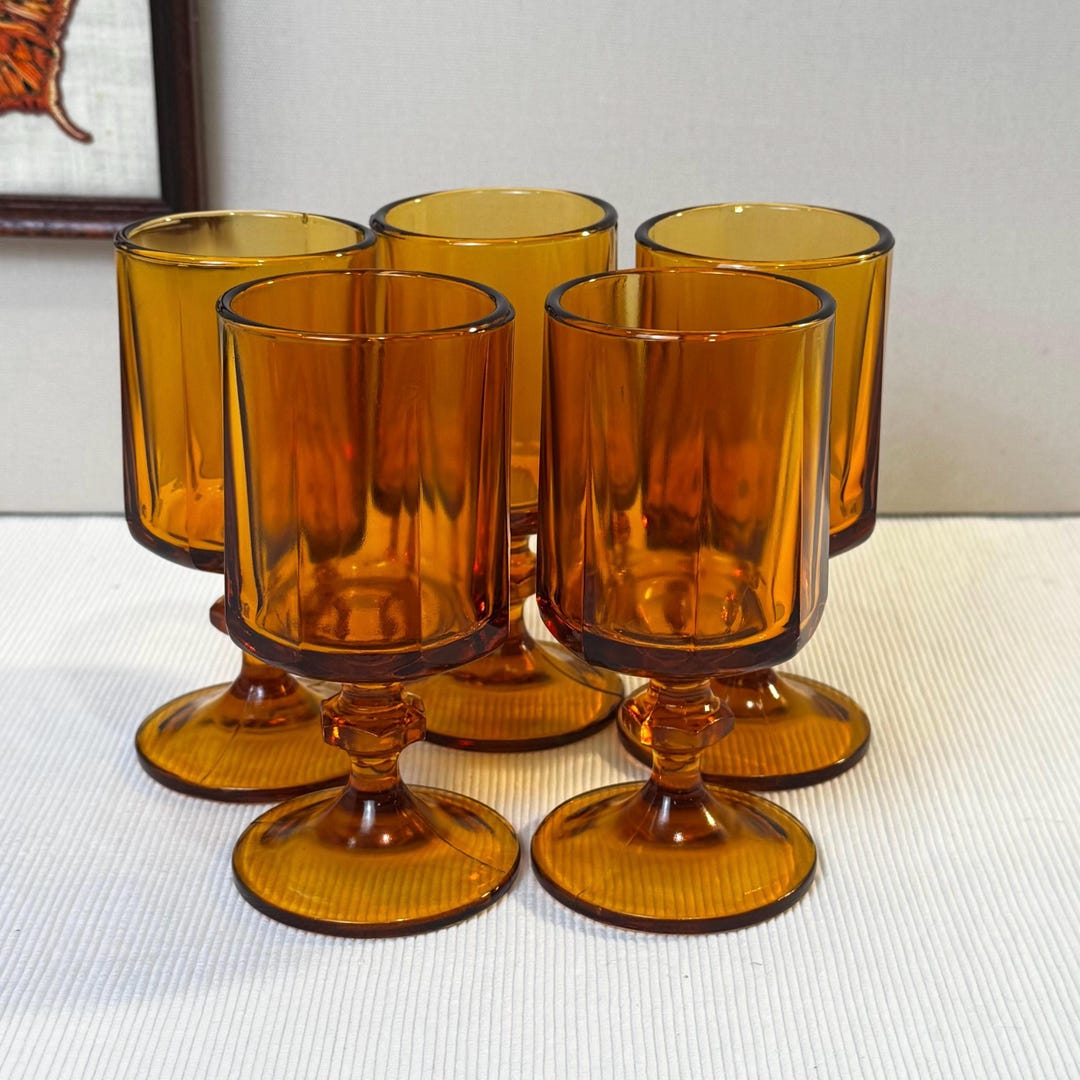 Colony Glass Amber Nouveau Footed Glasses, Set of 5 - Etsy
