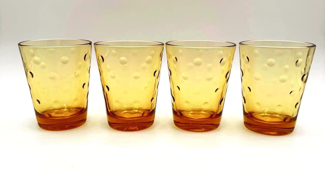 Vintage Amber Dimpled Drinking Glasses | 4″ Pressed Glass Tumblers ...
