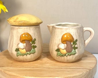 1970's Arnel Style Studio Pottery Cottagecore Mushroom Cream and Sugar Set - As Is