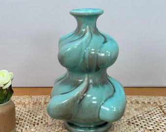 Vintage Gonder Pottery Turquoise Swirl Vase H-607