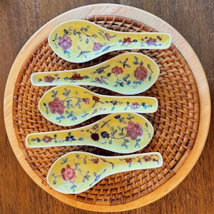 Hand Painted Porcelain Chinese Soup Spoons | Pink, Red, Blue Flowers & Yellow Glaze