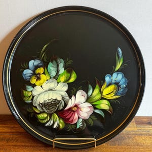 Vintage Hand-Painted Russian Toleware Tray – Black Metal with Floral Design and Gold Rim