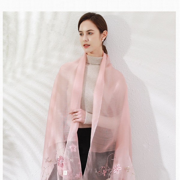 Luxurious Silk and Wool Gradient Embroidered Scarf Shawl - Perfect for all seasons (Chinese Style)