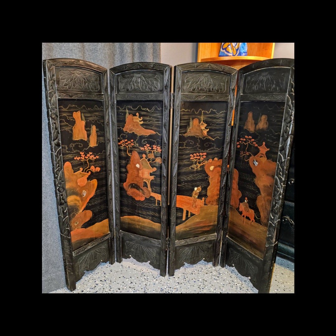 Antique Japanese 4panel Screen Vintage Hand Painted, Carved Wood Room